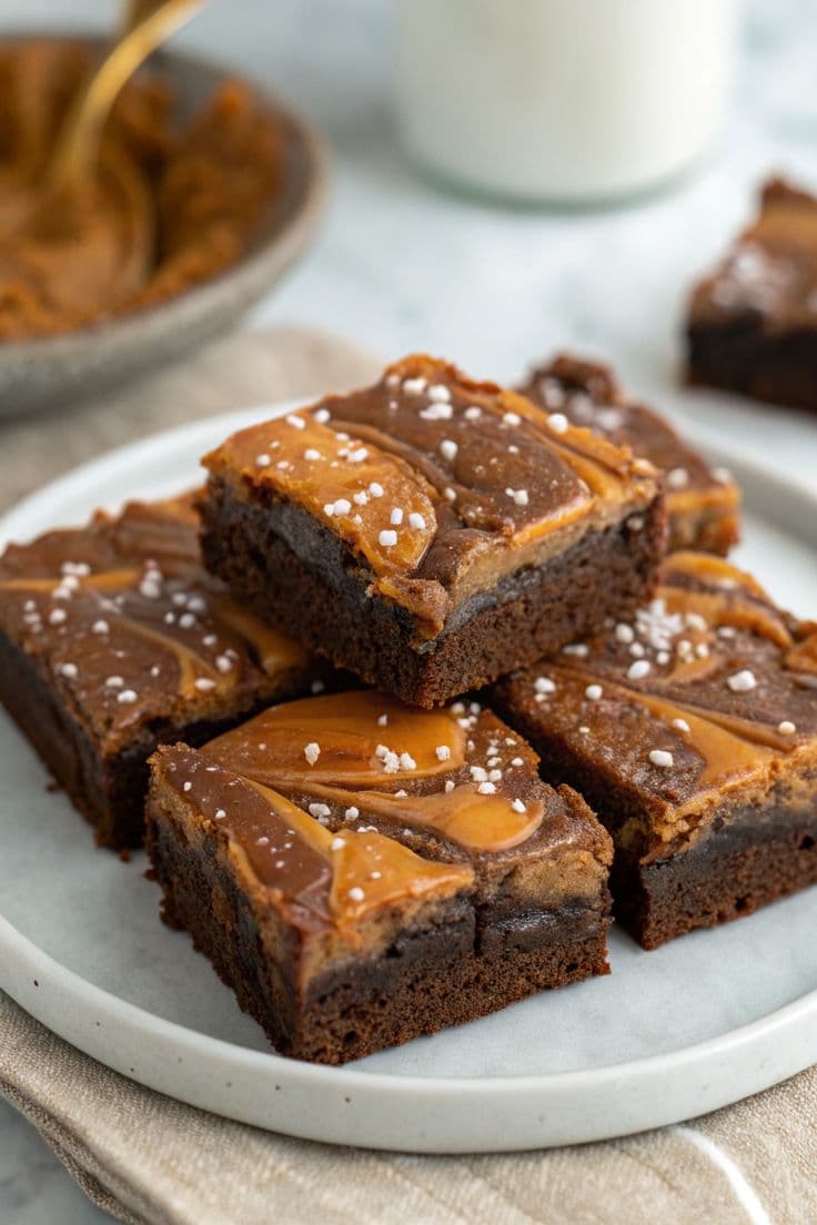 A top-down close-up of cleanly cut square brownies arranged inside a box. The brownies have a thin, glossy, crackled top layer, with visible thick swirls of gooey, light-brown caramel baked into the dark chocolate base, lightly topped with coarse white sea salt crystals. A gourmet bakery box filled with rich chocolate brownies swirled with golden caramel and sprinkled with sea salt flakes.