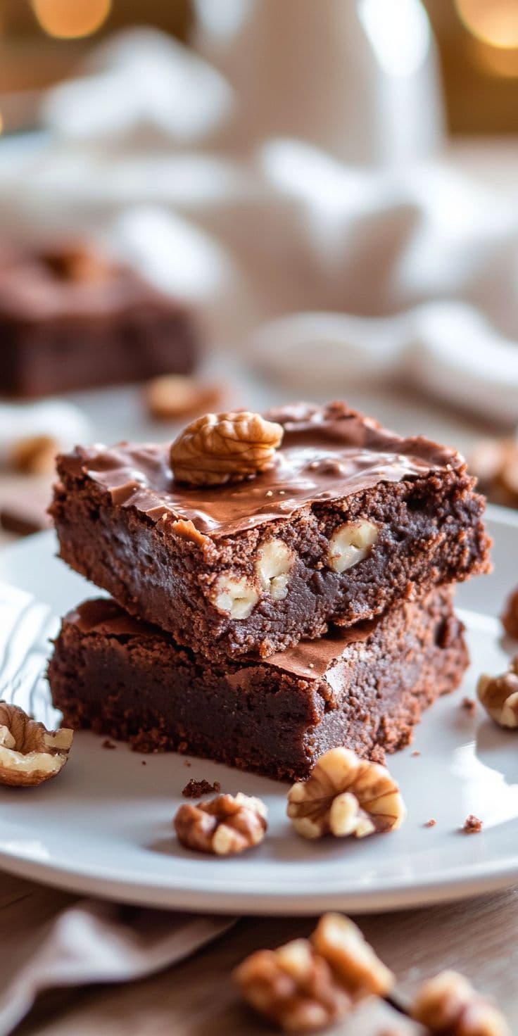 A close-up view of freshly cut, square chocolate brownies. The tops have a thin, glossy crinkle crust, and the dense, dark chocolate interior is generously packed with large pieces of toasted walnuts. A stack of rich, fudgy chocolate brownies filled and topped with roasted walnuts.
